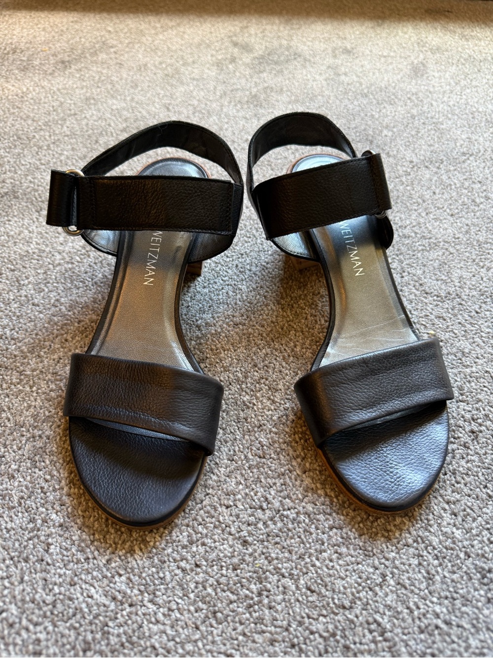 Stuart Weitzman Black Leather Two-Strap Open-Toe Sandals